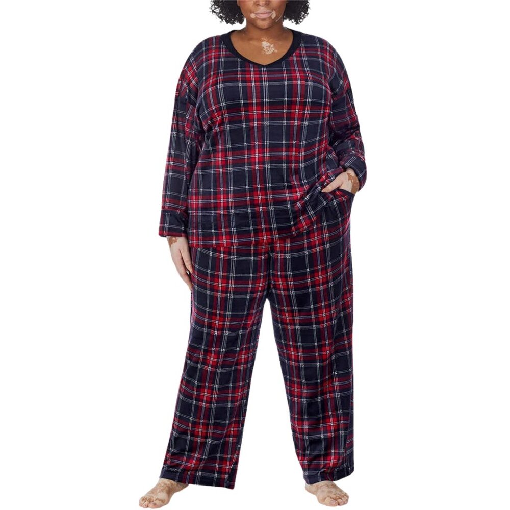 Nautica Women's Fleece Pajama Set Red Blue Plaid 2XL Long Sleeve V-Neck - NWT